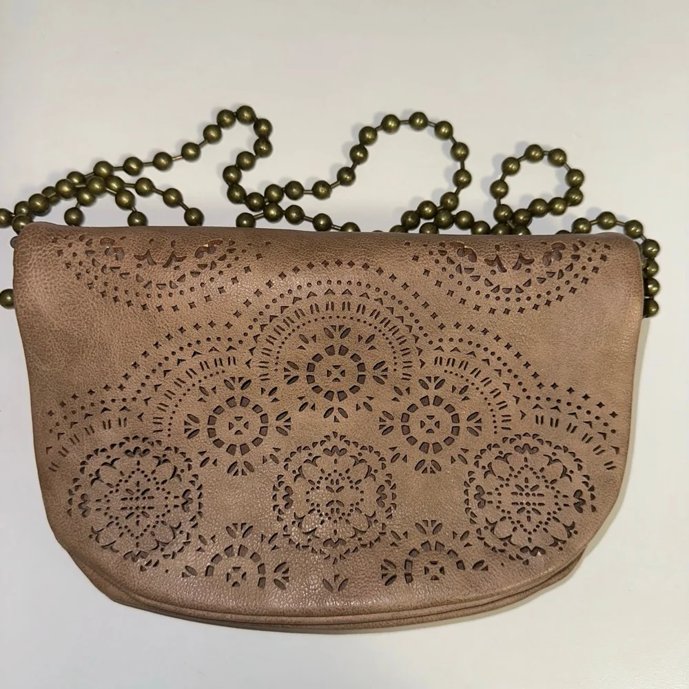 T-Shirt & Jeans Tan Laser Cut Crossbody Bag geometric ball chain strap purse